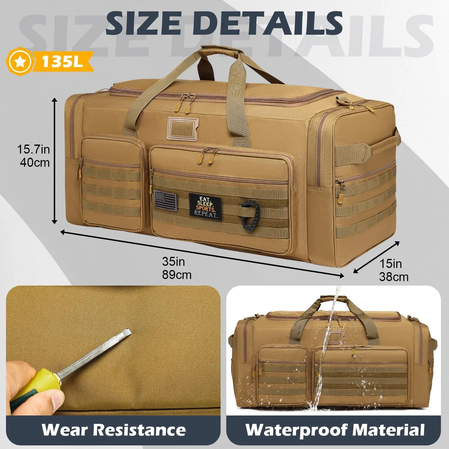 135L Large Military Tactical Duffle Bag, Travel Weekender Bag for Men Women, Sports Gym Bag with Insulated Pocket & Adjustable Strap, Brown