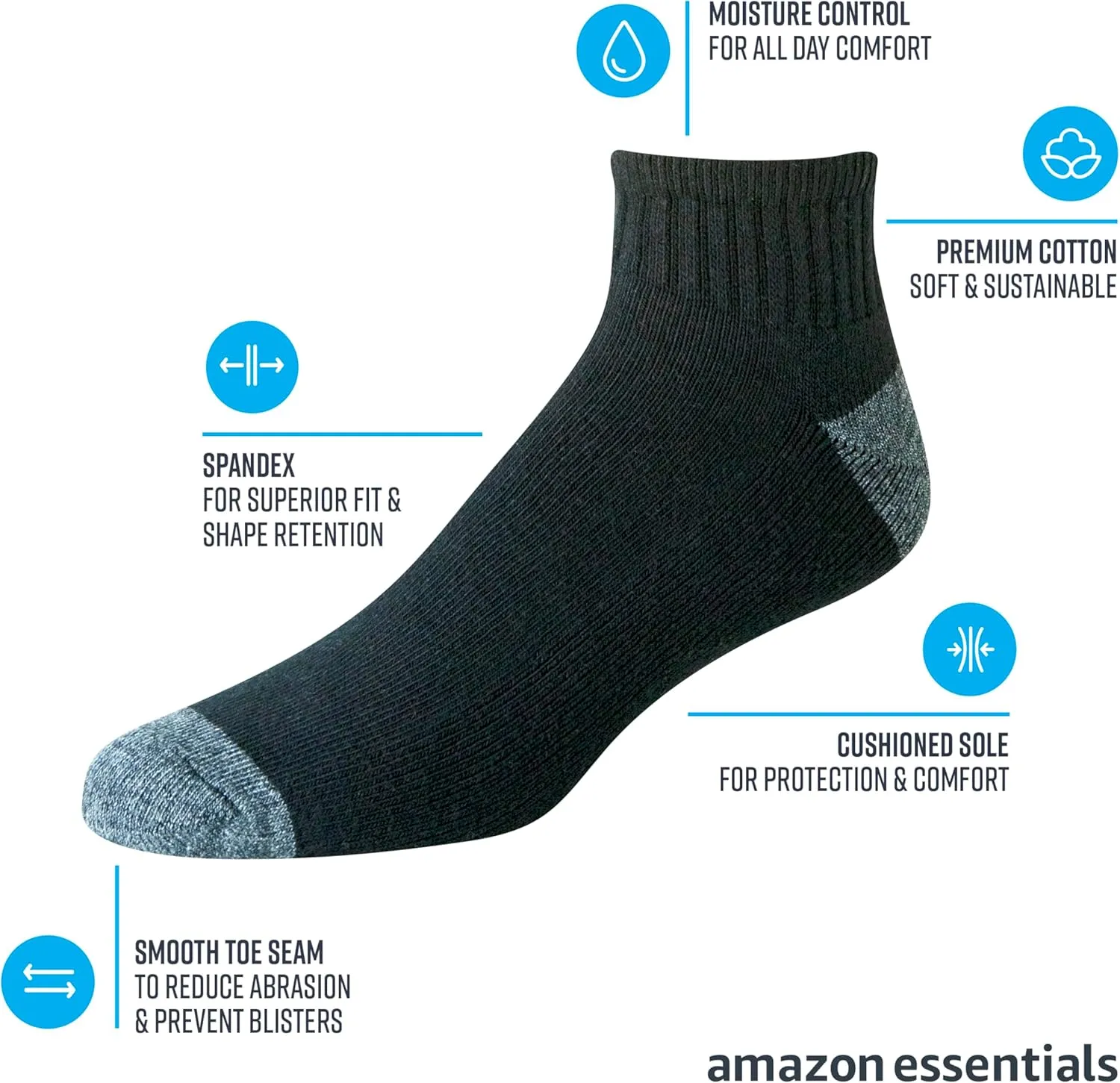 Amazon Essentials Men's Cotton Ankle Socks, Comfortable, Moisture Wicking, Cushioned, 10 Pairs
