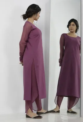 Iya Purple Round Neck Straight Fit Cotton and Kota Sleeves Plain Kurta