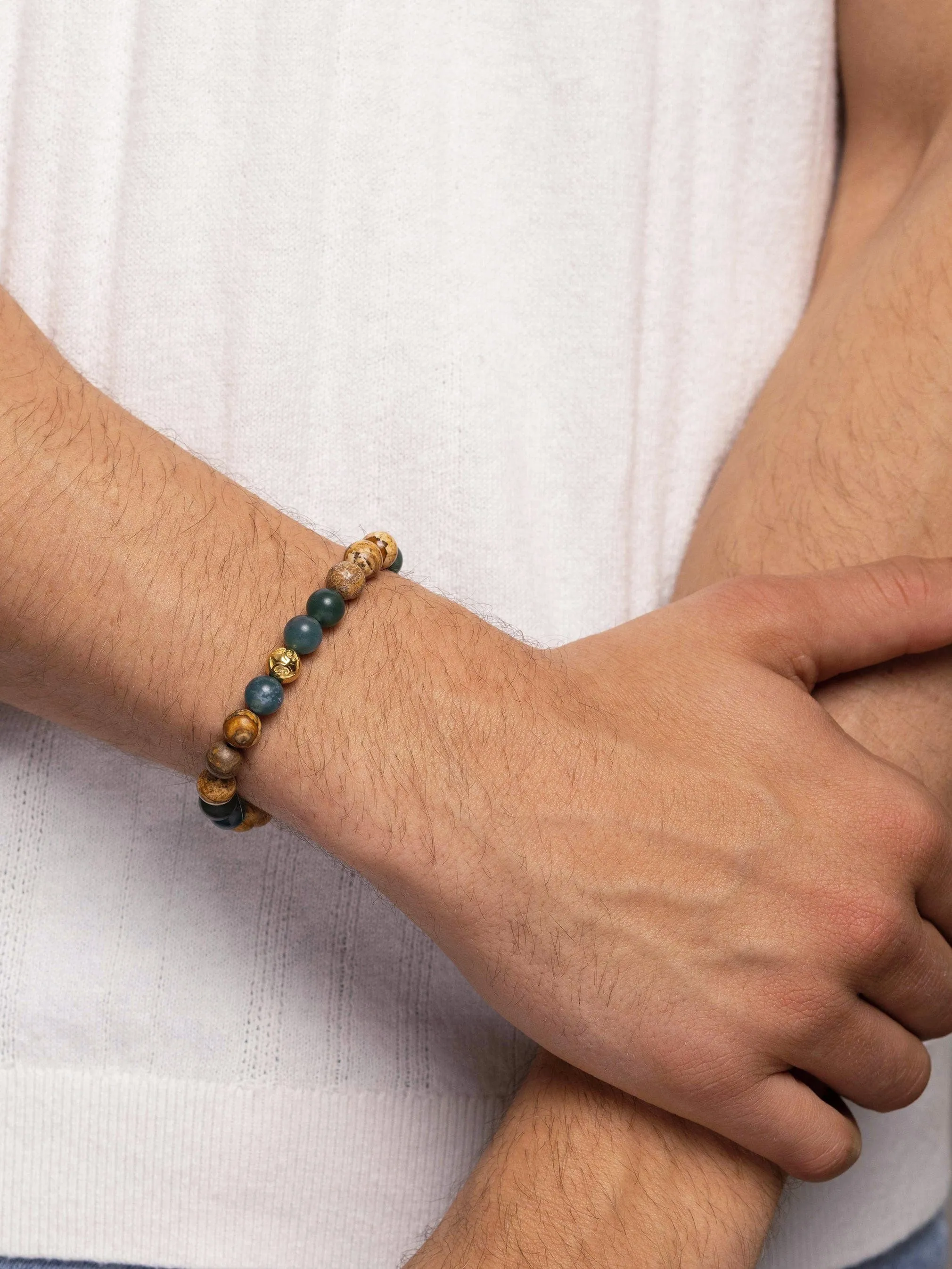 Men's Wristband with Jasper, Lava Stone, Matte Aquatic Agate and Gold