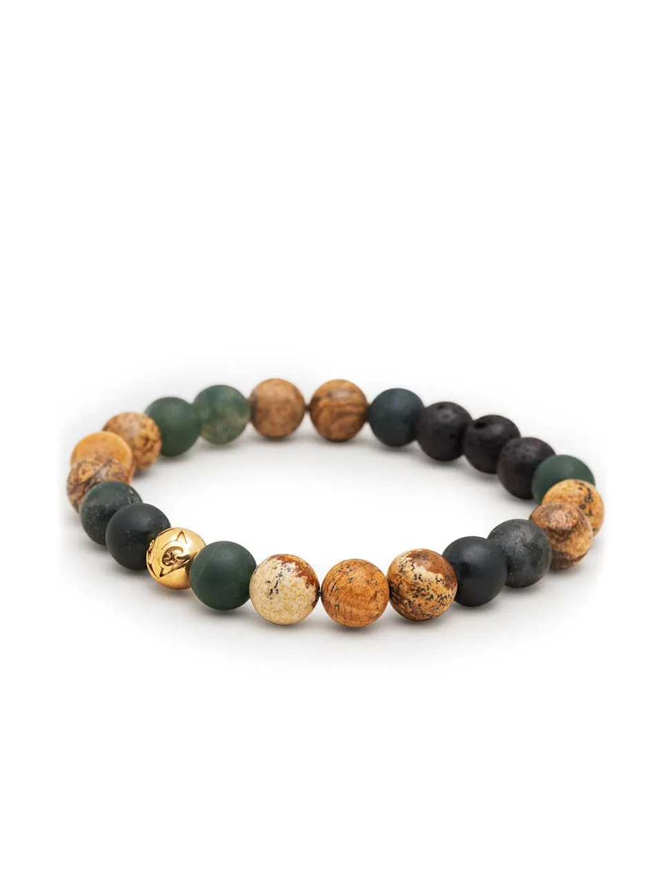 Men's Wristband with Jasper, Lava Stone, Matte Aquatic Agate and Gold