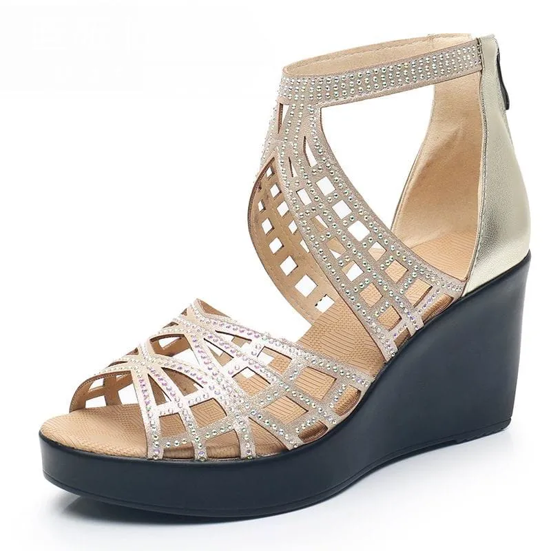 Open Toe Rhinestone Hollow Out Wedges Women High Heels