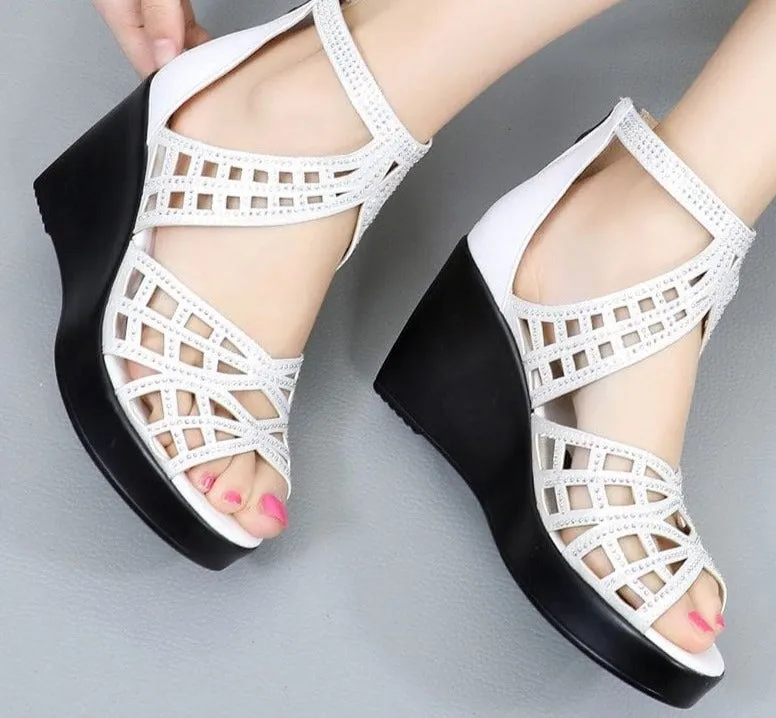 Open Toe Rhinestone Hollow Out Wedges Women High Heels