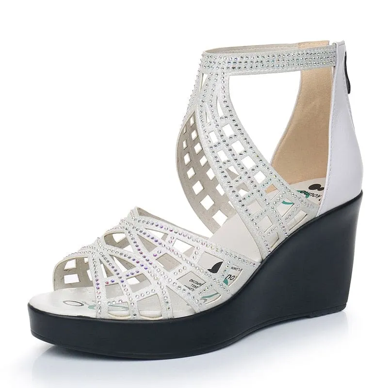 Open Toe Rhinestone Hollow Out Wedges Women High Heels