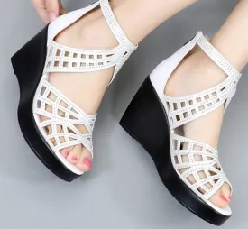 Open Toe Rhinestone Hollow Out Wedges Women High Heels