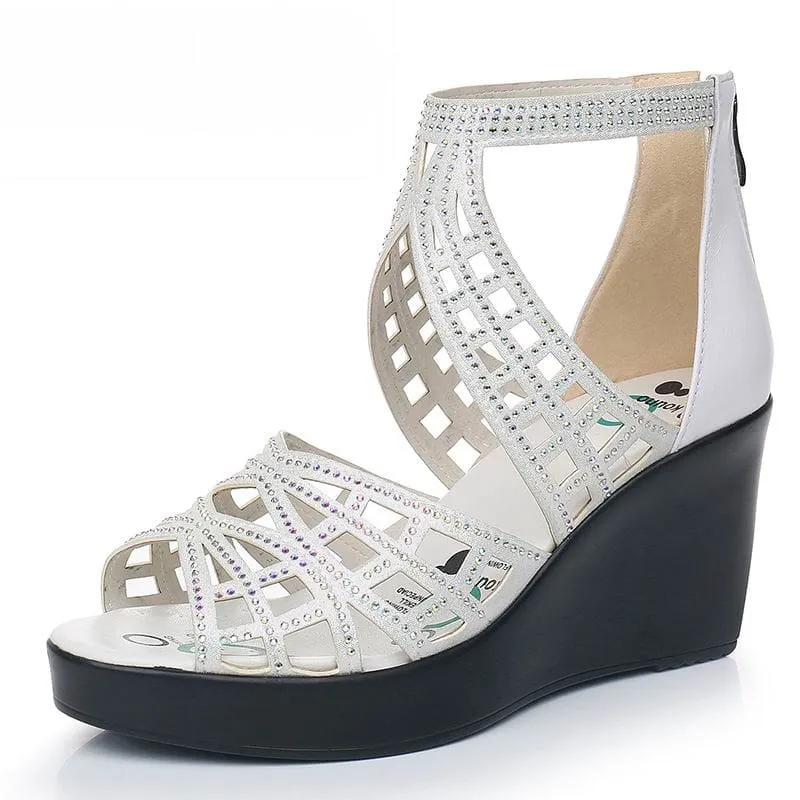 Open Toe Rhinestone Hollow Out Wedges Women High Heels