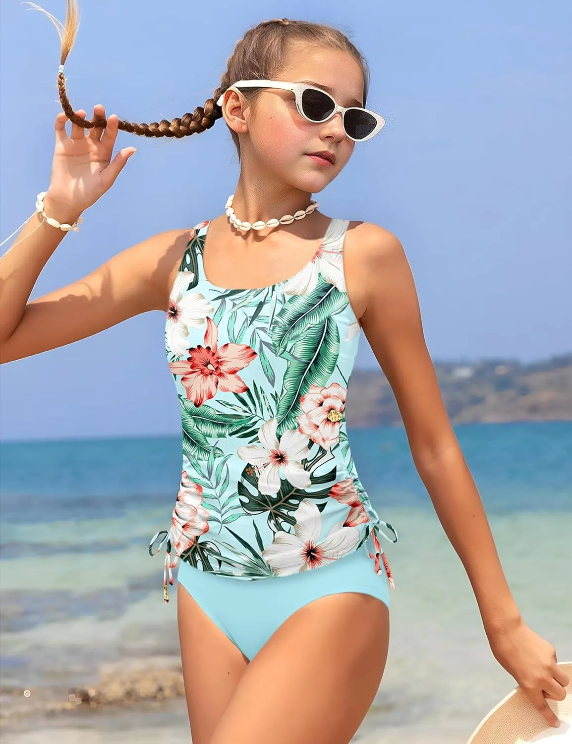 Qaoerde Girls Swimsuit Two Piece Girls Tankini Swimsuit Drawstring Printed Bathing Suit Ruched Swimwear Set 9-16 Years