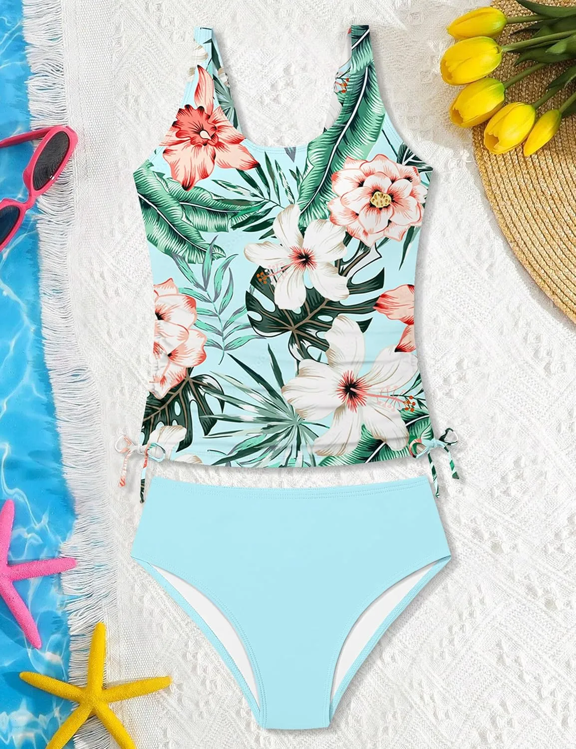 Qaoerde Girls Swimsuit Two Piece Girls Tankini Swimsuit Drawstring Printed Bathing Suit Ruched Swimwear Set 9-16 Years