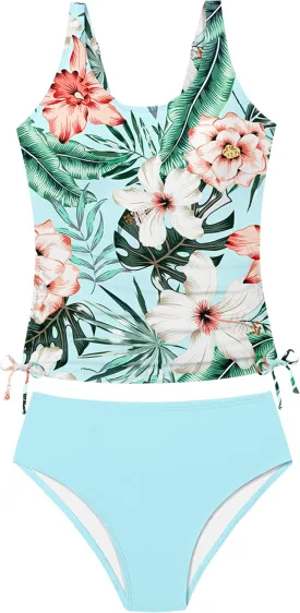 Qaoerde Girls Swimsuit Two Piece Girls Tankini Swimsuit Drawstring Printed Bathing Suit Ruched Swimwear Set 9-16 Years