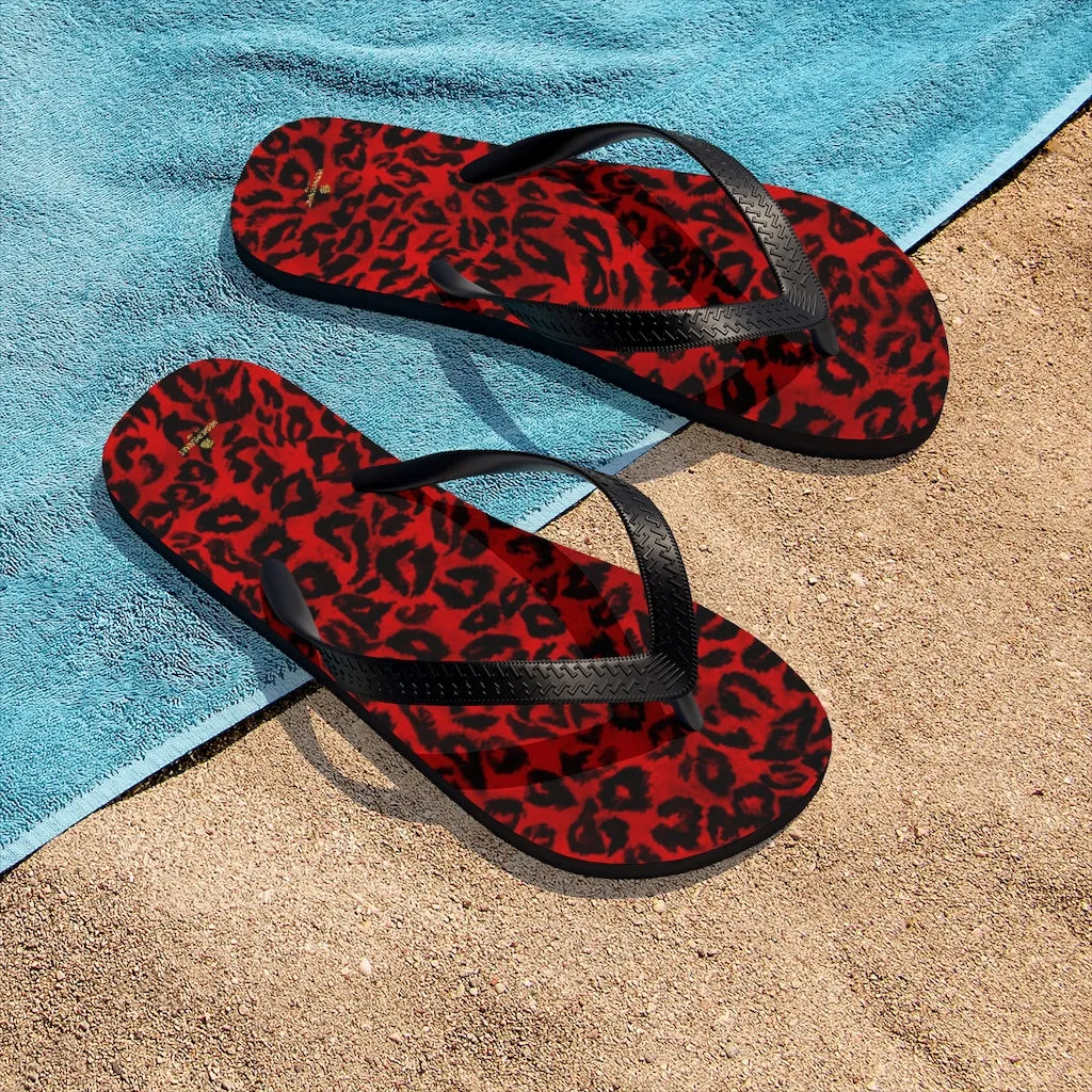 Red Leopard Flip Flops, Animal Print Unisex Flip-Flops Sandals For Men or Women - Made in USA