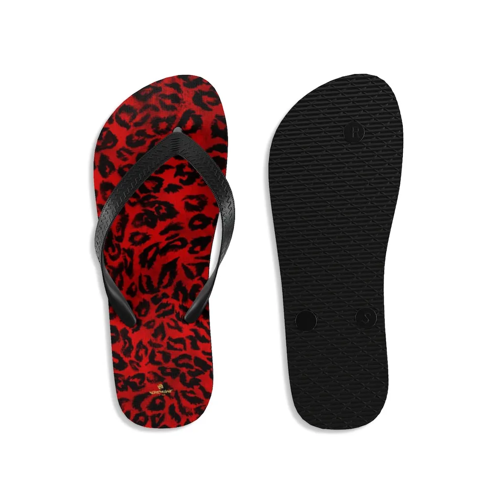 Red Leopard Flip Flops, Animal Print Unisex Flip-Flops Sandals For Men or Women - Made in USA
