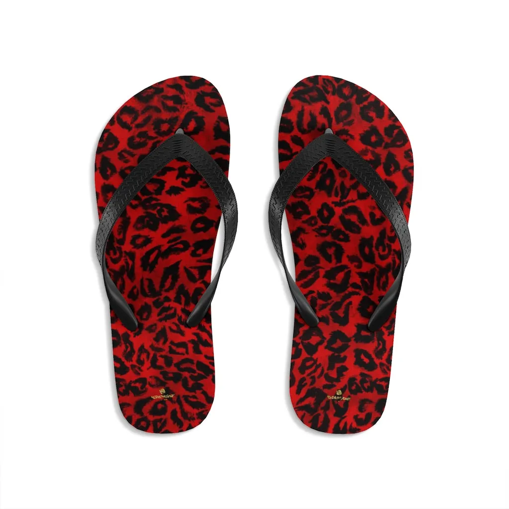 Red Leopard Flip Flops, Animal Print Unisex Flip-Flops Sandals For Men or Women - Made in USA