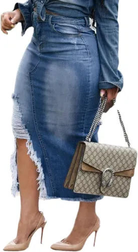 Women's Casual Slit Denim Midi Jean Skirt Stretch High Waisted Button Up Frayed with Pockets