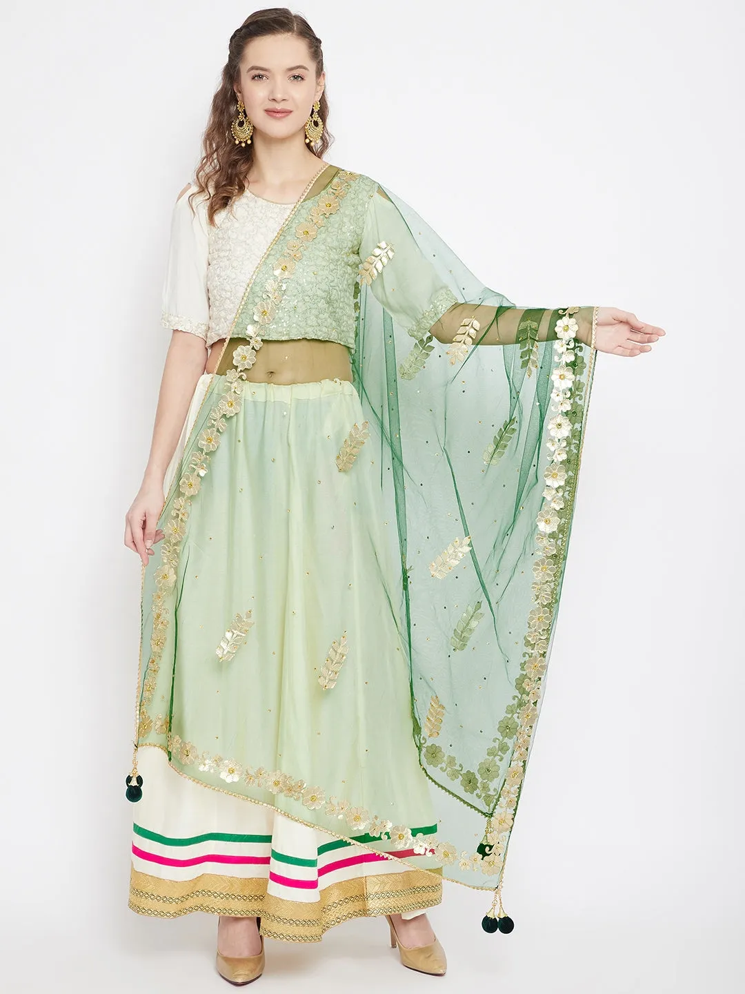 Women'S Green Gotta Patti Net Dupatta